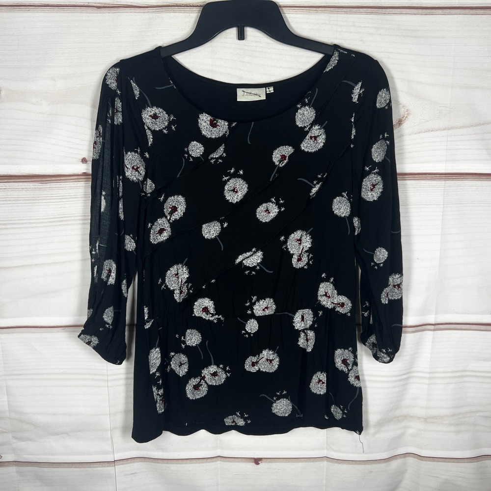 Deletta Dandelion Blouse Women XS Black Floral Ruffle Split Sleeve Whimsygoth
